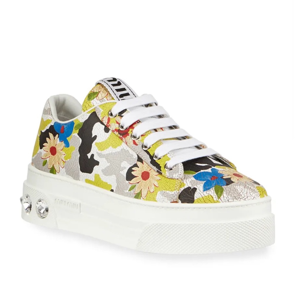 Miu Miu Floral Jeweled Heel Sneakers